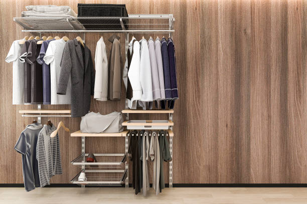 istock 3d rendering minimal scandinavian walk in closet with oak wood wall 856850506