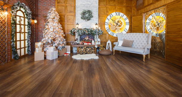 istock Cozy christmas interior with fir tree and fireplace 856862376