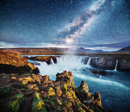 Hodafoss very beautiful Icelandic waterfall. It is located in the north near Lake Myvatn and the Ring Road. Fantastic starry sky and the milky way.