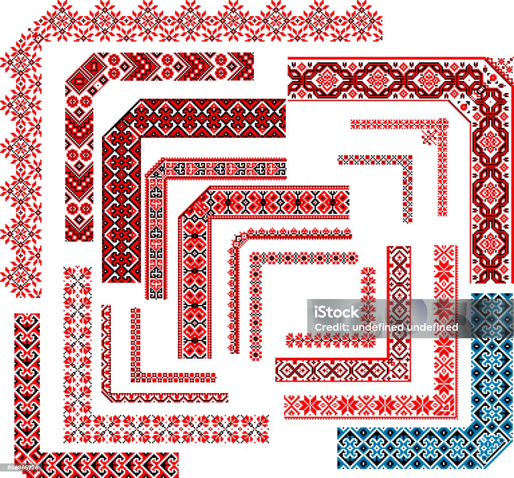 Frames - Set of Corner Patterns for Embroidery Stitch Set of editable ethnic patterns for embroidery stitch. Corners, frames, seamless borders. Arts Culture and Entertainment stock vector