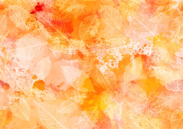 Abstract watercolour autumn leaves background with brush strokes An abstract watercolour autumn background with yellow and orange brush strokes and splashes of paint, and leaf silhouettes fall backgrounds stock illustrations