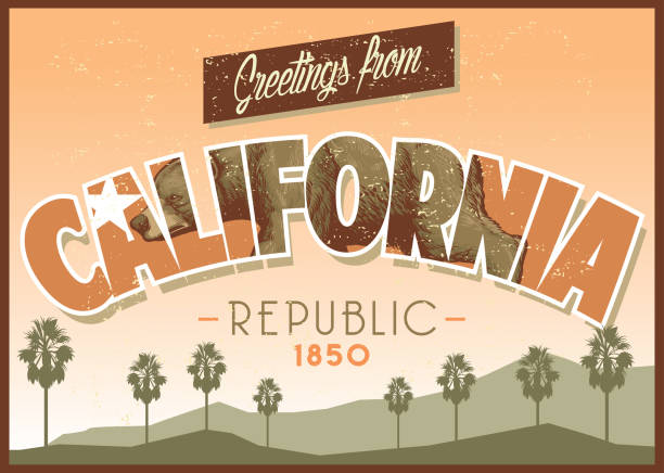 ilustraciones, imágenes clip art, dibujos animados e iconos de stock de saludo desde california en textura sucia - san diego