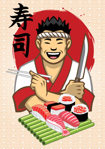 japanese chef presenting a set of sushi with sushi word writes in kanji vector of japanese chef presenting a set of sushi with sushi word writes in kanji japanese chef stock illustrations