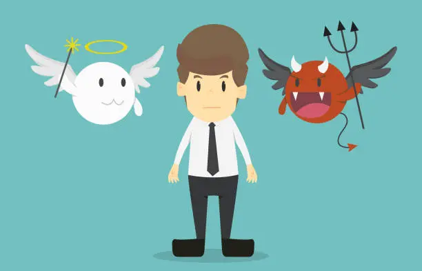 Vector illustration of Businessman with angel and devil on his shoulders.Cartoon of business success is the concept of the man characters business, the mood of people, can be used as a background, banner.vector illustration