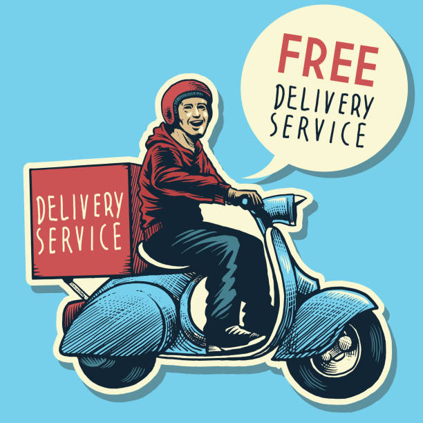 hand drawing of delivery service man riding a scooter vector of hand drawing of delivery service man riding a scooter used motorcycle parts stock illustrations