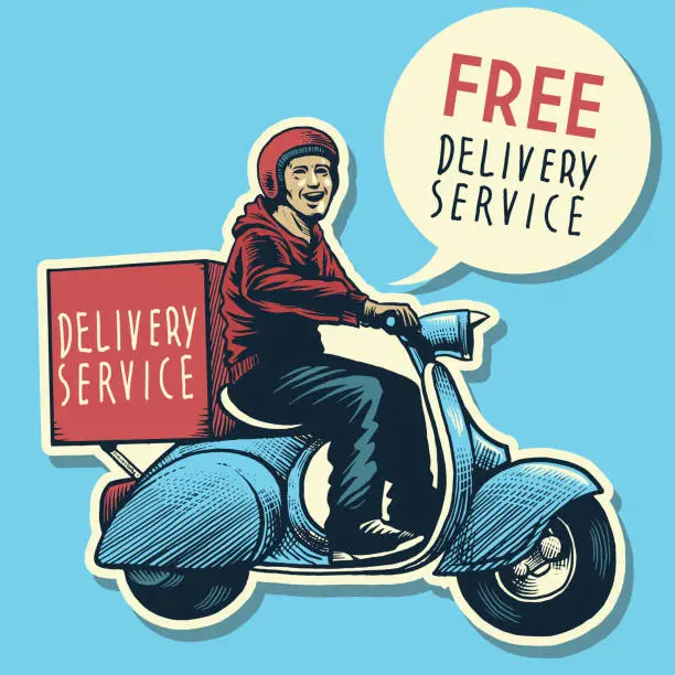 Vector illustration of hand drawing of delivery service man riding a scooter