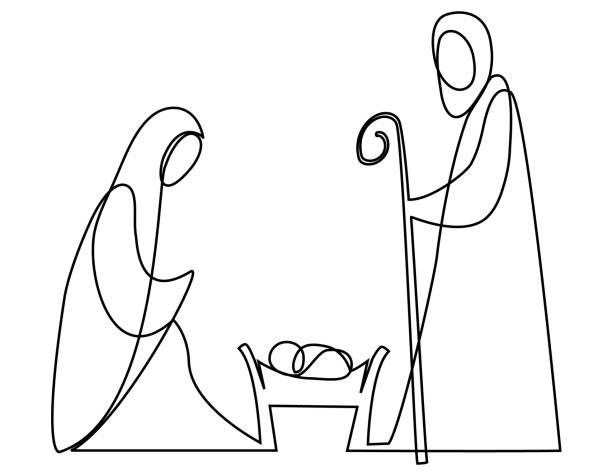 Nativity scene with Holy Family Nativity scene with Holy Family one line drawing jesus christ birth stock illustrations