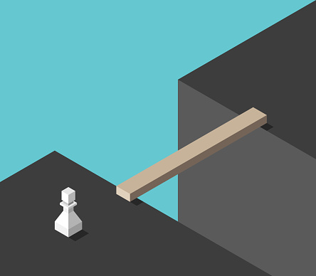 White chess pawn standing in front of large gap with bridge. Challenge, risk, problem, solution and adversity concept. Flat design. Vector illustration, no transparency, no gradients