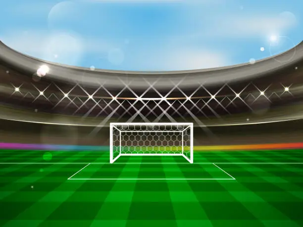 Vector illustration of Soccer stadium vector banner. Football arena with spotlights, tribunes, soccer goal net and green grass.