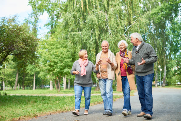 Pleasant Walk at Park Joyful group of senior friends wearing warm clothes walking along park alley and chatting animatedly with each other, picturesque view on background social interaction stock pictures, royalty-free photos & images