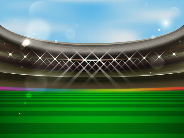 fußball-stadion-vektor-banner. fußball-arena mit strahlern, tribünen und grünen rasen. - tpc sugarloaf stock-grafiken, -clipart, -cartoons und -symbole