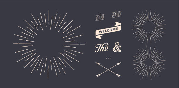 Set of sunburst, vintage graphic elements Set of light rays, sunburst and rays of sun. Design elements, linear drawing, vintage hipster style. Light rays sunburst, arrow, ribbon, and, for, the and ampersand. Vector Illustration banner sign illustrations stock illustrations