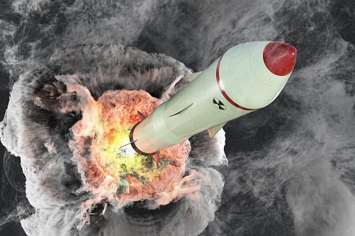 Launch of nuclear missile. A lot of smoke around. 3D rendered illustration.