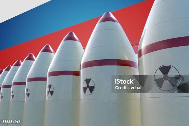 Nuclear Missiles And Russian Flag In Background 3d Rendered Illustration Stock Photo - Download Image Now