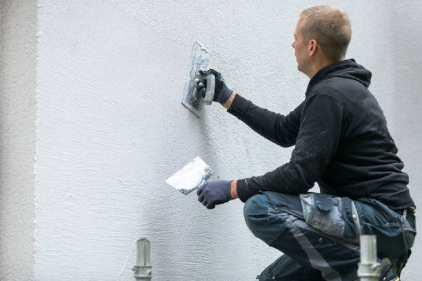 trabajador de la construcción poner estuco decorativo en el exterior de la casa - yeso cocido fotografías e imágenes de stock