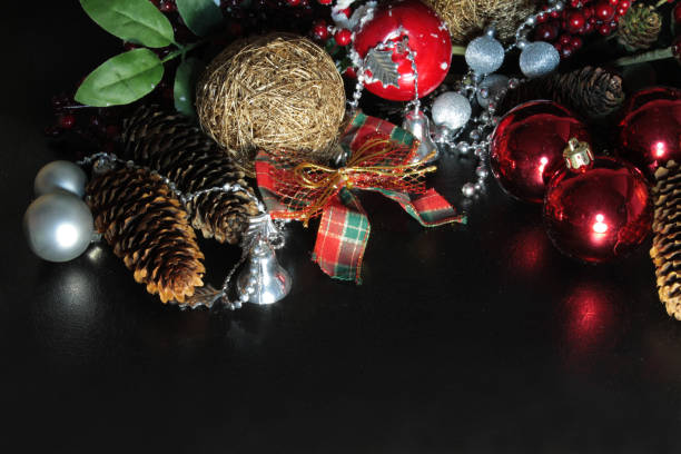 istock Christmas background with Christmas tree decorations on a black background 856887954