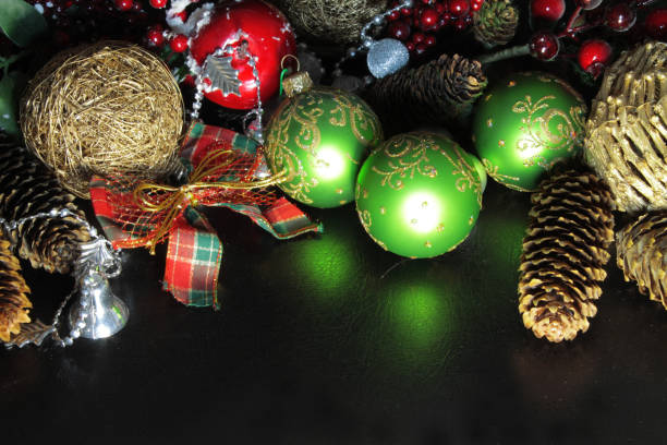 istock Christmas background with Christmas tree decorations on a black background 856887980