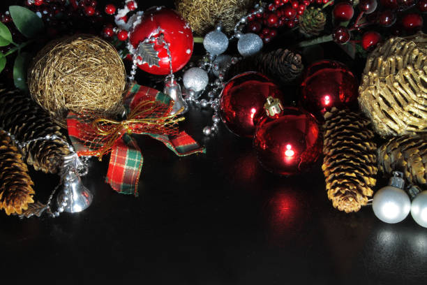 istock Christmas background with Christmas tree decorations on a black background 856887984