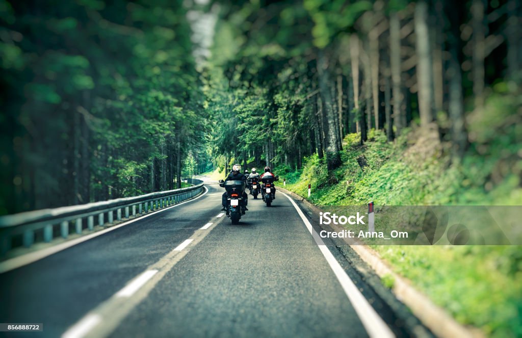 Group of a bikers on the highway Group of a bikers on the highway between beautiful green pine tree forest, motorcyclists traveling along mountains road, freedom and active lifestyle concept Motorcycle Stock Photo