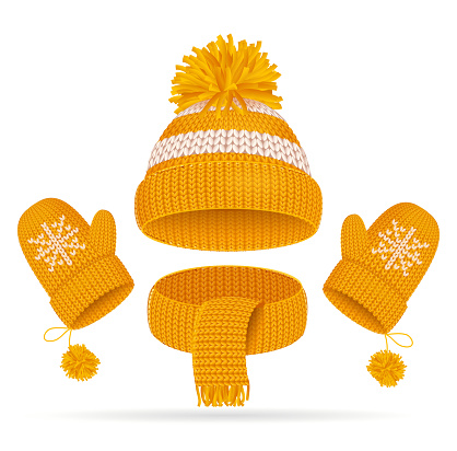 Realistic 3d Yellow Hat with a Pompom, Scarf and Mitten Set Knitted Seasonal Winter Traditional Accessories with Ornament Vector illustration