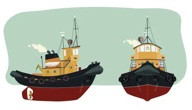 Vector illustration of Port tugboat in two perspective