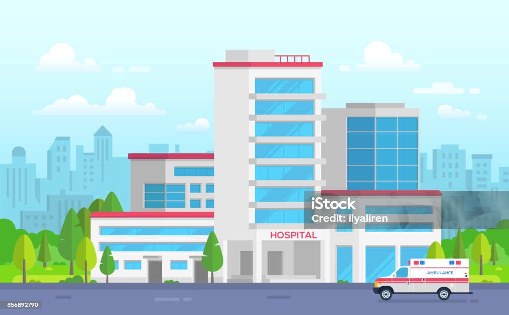 Hospital da cidade com ambulância - ilustração vetorial moderna - Vetor de Hospital royalty-free