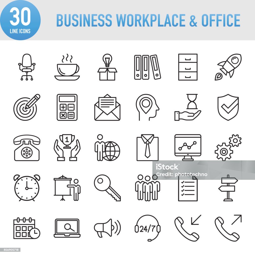 Lugar de trabajo moderno de negocios Universal y conjunto de iconos de línea oficina - arte vectorial de Grupo de iconos libre de derechos