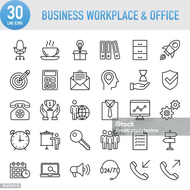 Modern Universal Business Workplace And Office Line Icon Set Stock Illustration - Download Image Now