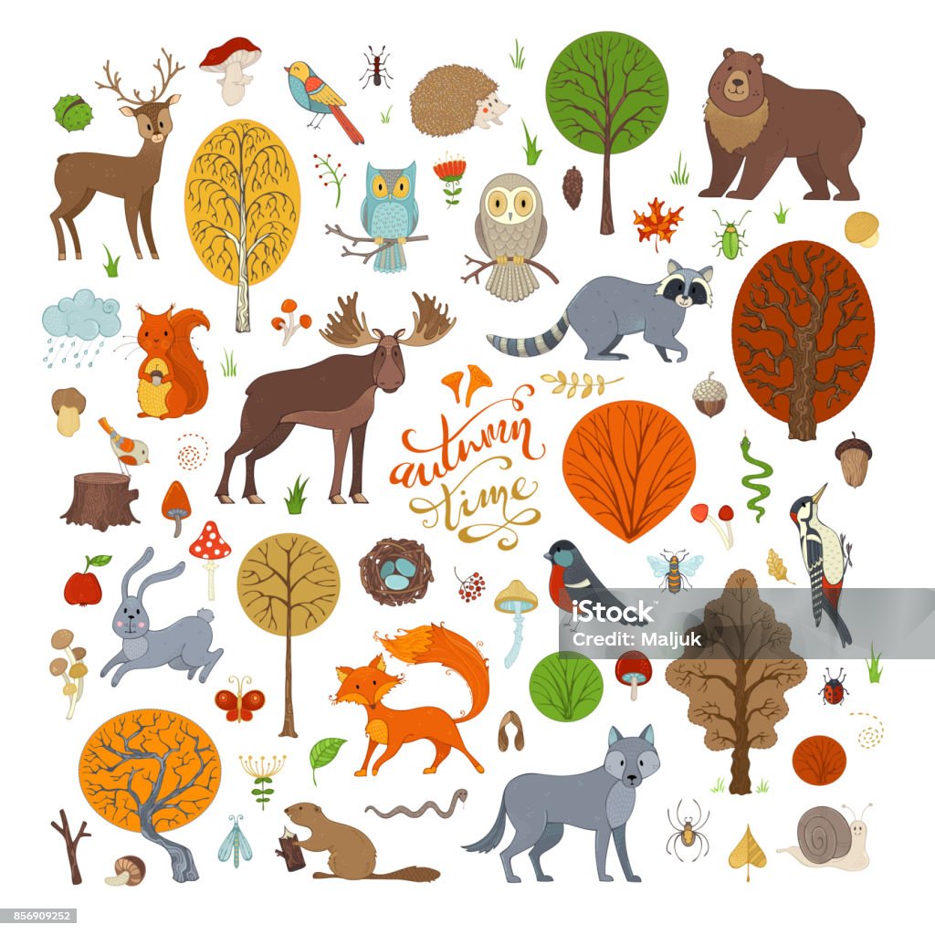 Vector set of autumn forest trees and animals. Adorable collection for children books, invitations and posters. Beaver, deer, fox, hedgehog, owl, rabbit, raccoon, snail, squirrel, bee, ant, mushroom. Animal stock vector