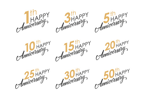 Set of Happy Anniversary greeting templates with numbers and hand lettering. Vector illustration.
