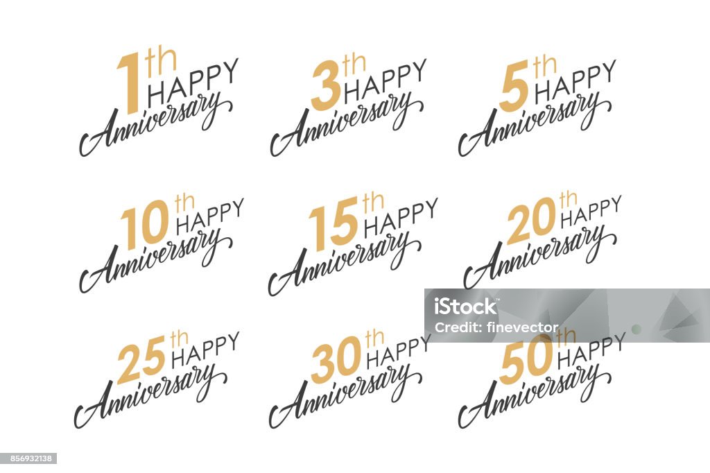 Set of Happy Anniversary greeting templates with numbers and hand lettering. Set of Happy Anniversary greeting templates with numbers and hand lettering. Vector illustration. Anniversary stock vector