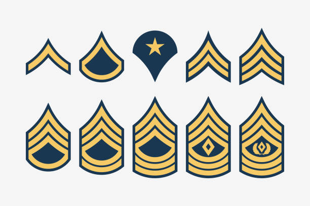 illustrazioni stock, clip art, cartoni animati e icone di tendenza di ranghi militari strisce e chevron. insegna dell'esercito del set vettoriale - military rank badge marines