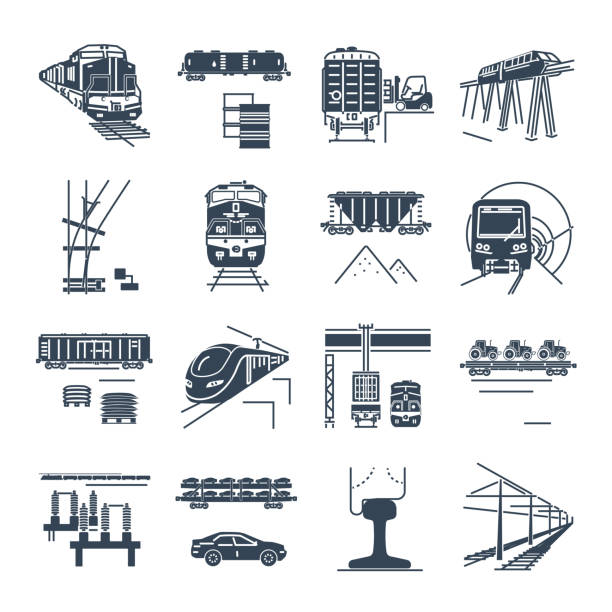 ilustraciones, imágenes clip art, dibujos animados e iconos de stock de sistema de carga de los iconos negros y transporte ferroviario de pasajeros, tren - railway bridge