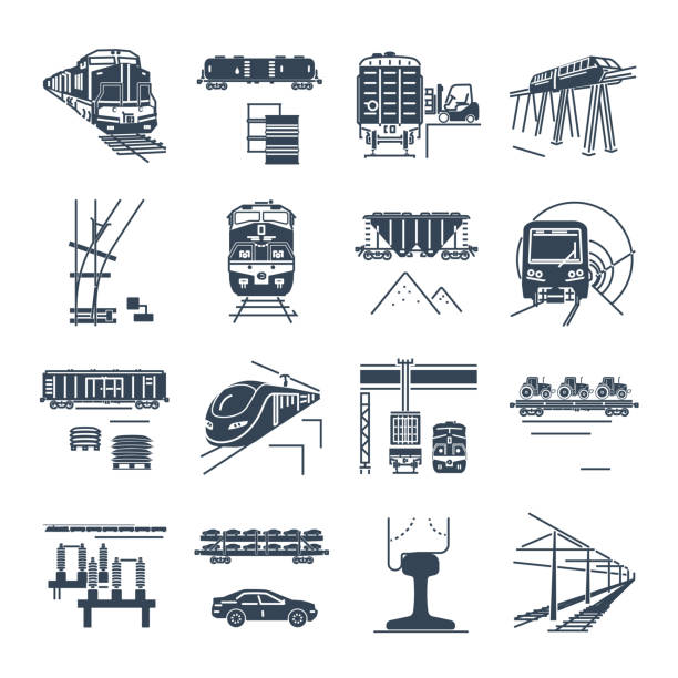 블랙 아이콘 화물 및 여객 철도 교통, 기차 세트 - railway bridge stock illustrations