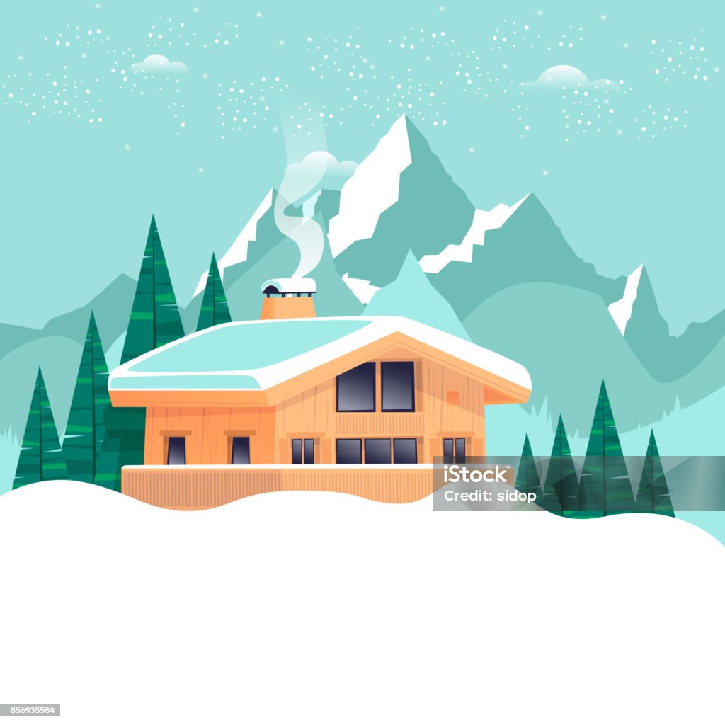 Chalet, paysage d’hiver avec les montagnes. Illustration vectorielle de conception plate. - clipart vectoriel de Chalet de montagne libre de droits