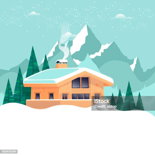 Chalet Paysage Dhiver Avec Les Montagnes Illustration Vectorielle De Conception Plate Vecteurs libres de droits et plus d'images vectorielles de Chalet de montagne