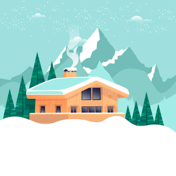 샬레, 산 겨울 풍경 평면 디자인 벡터 일러스트입니다. - tourism day winter mountain peak stock illustrations