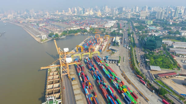 istock aerial view container harbor with crane, top view 856939466