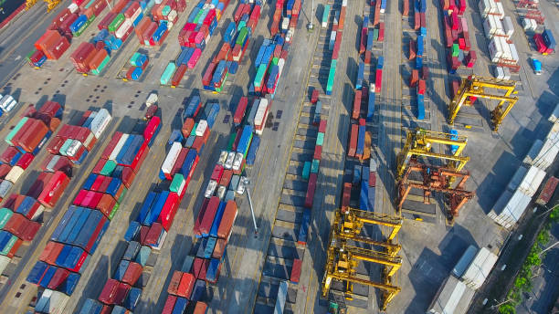 istock aerial view container harbor with crane, top view 856940010