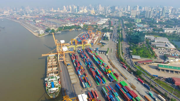 istock aerial view container harbor with crane, top view 856940020