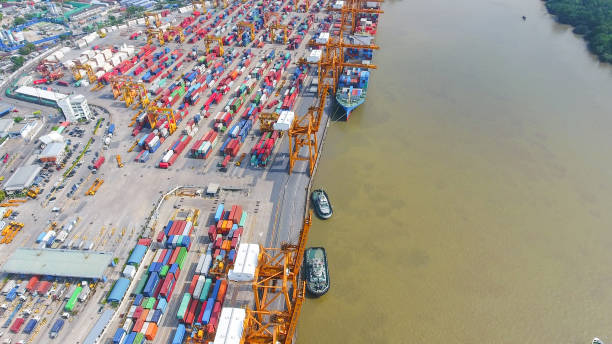 istock aerial view container harbor with crane, top view 856940080