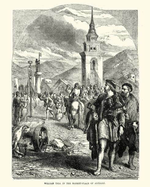 William Tell in the market place of Altdorf Switzerland Vintage engraving of William Tell in the market place of Altdorf Switzerland. William Tell, according to the legend, Tel (an expert marksman with the crossbow) assassinated Gessler, a tyrannical reeve of Habsburg Austria positioned in Altdorf, Uri. alsdorf stock illustrations