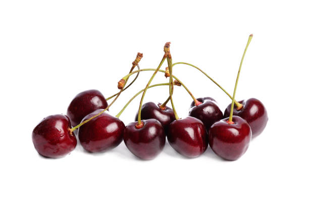 istock Ripe, washed appetizing and tasty bright red cherries on a white isolated background 856944142