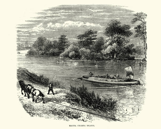 Magna Carta Island Vintage engraving of Magna Carta Island an island in the River Thames in England, on the reach above Bell Weir Lock. It is in Berkshire across the river from the water-meadows at Runnymede. The island is one of several contenders for being the place where, in 1215, King John sealed the Magna Carta. magna carta stock illustrations