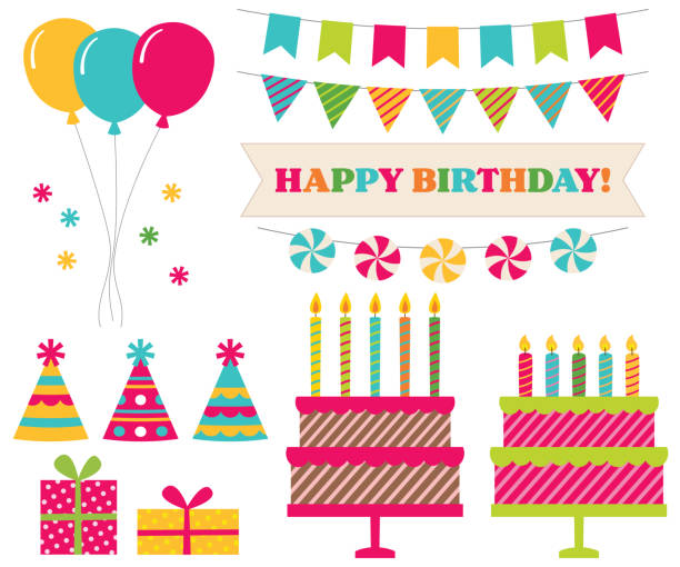 ilustraciones, imágenes clip art, dibujos animados e iconos de stock de colección de fiesta de cumpleaños, elementos de diseño aislado - child vector birthday celebration