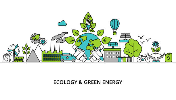 Infographic concept of ecology problem Modern flat thin line design vector illustration, infographic concept of ecology problem, generation and saving green energy  for graphic and web design recycling illustrations stock illustrations