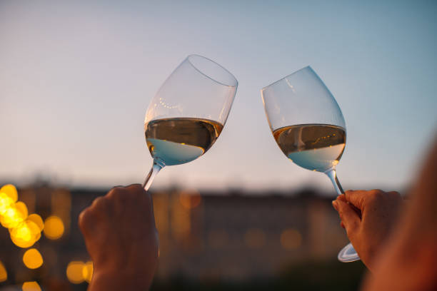 istock Hands with glasses of white wine checking wine quality at sunset light 856969944