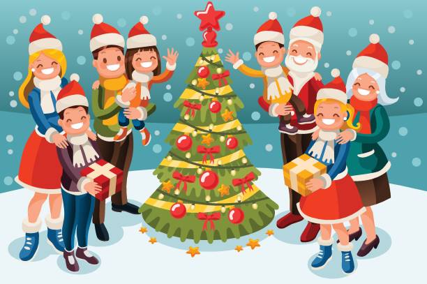 Family at Christmas Snow Night Illustration Christmas family in snow night. Parents and children smiling decorating christmas tree . Kids holiday family set. Vector illustration in a flat style christmas family party stock illustrations
