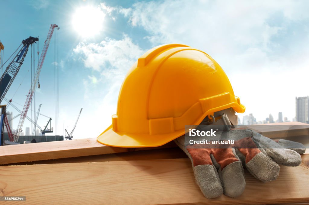 Helmet placed on the tool after work Hardhat Stock Photo