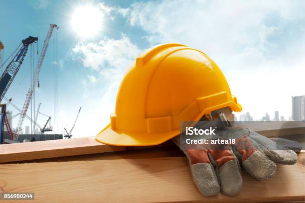 Helmet Placed On The Tool After Work Stock Photo - Download Image Now - Hardhat, Construction Industry, Safety